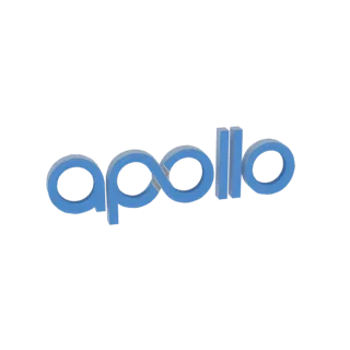 A 3D model of the 'Apollo' logo in blue, with the 'o' replaced by an infinity symbol.