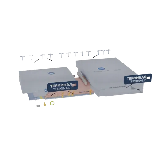 3D модель современного аэропорта с двумя секциями, обозначенными Терминал 1 и Терминал 2, на черном фоне.