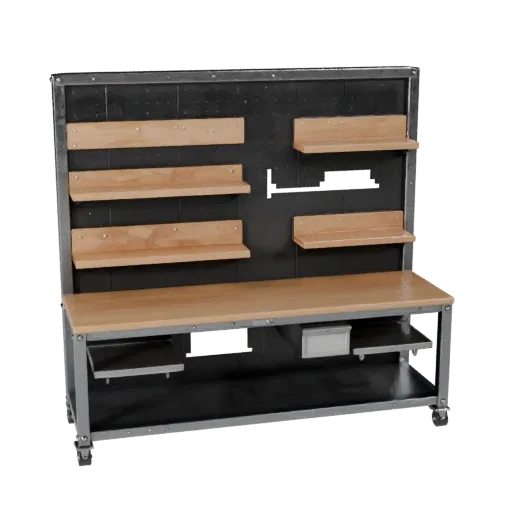 Низкополигональная 3D-модель Maker Pegboard Wall, вид в игровом окне с трех четвертей, показывающий стальные рамы, устойчивые
