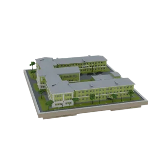 3D модель современного Г-образного здания больницы с зелеными стенами и серой крышей, окруженная деревьями.