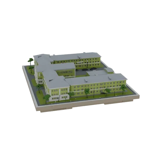 3D модель современного Г-образного здания больницы с зелеными стенами и серой крышей, окруженная деревьями.