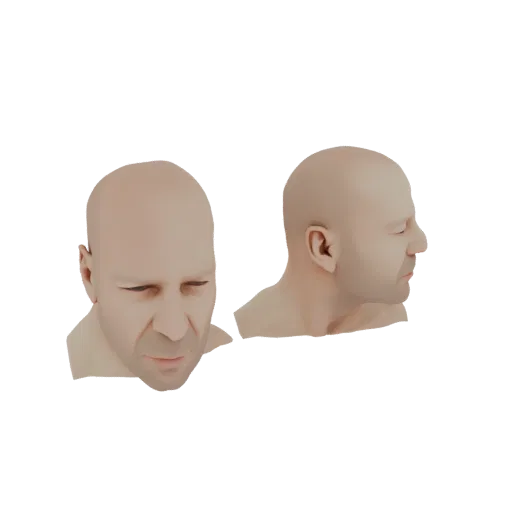 3D рендер бюста лысой мужской головы, показанный спереди снизу и в профиль.