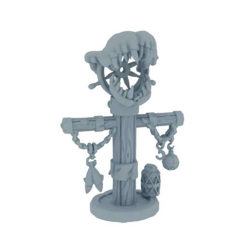 3D модель мрачного тотемного столба гоблина с чудовищной пастью, цепями и свисающими безделушками на круглом основании.