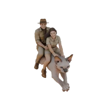 3D-модель мужчины и женщины в сафари-одежде, едущих на сфинксе в бегущей позе.
