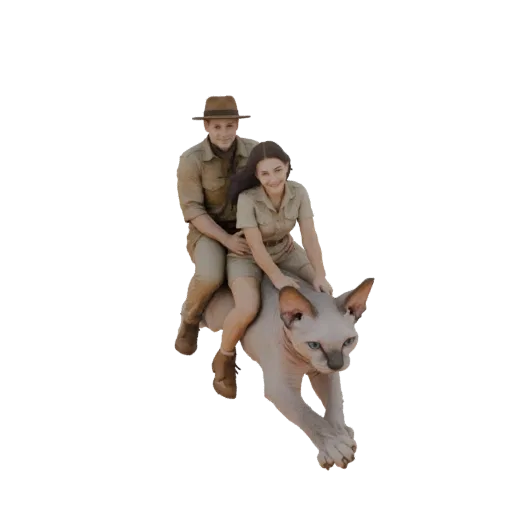 3D-модель мужчины и женщины в сафари-одежде, едущих на сфинксе в бегущей позе.