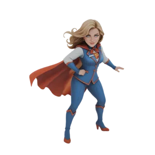 3D-модель Power Girl в синем костюме с красным плащом и эмблемой "P", в героической позе.