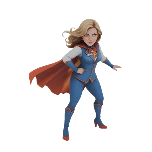 3D-модель Power Girl в синем костюме с красным плащом и эмблемой "P", в героической позе.
