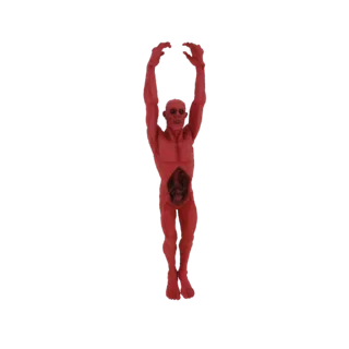 3D модель красного анатомического зомби с обнаженными ребрами, поднятыми руками, на белом фоне.