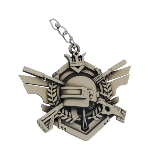 3D модель брелка PUBG Victory Royale со шлемом, скрещенным оружием, лавровыми листьями и короной.