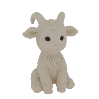 3D модель милого светло-коричневого козленка, сидящего с большими глазами и маленькими рожками.