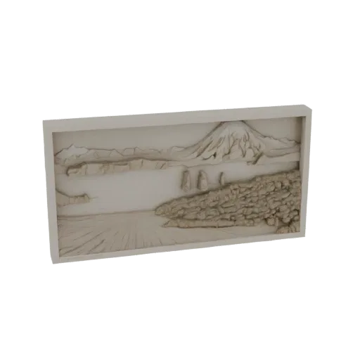 3D модель барельефной панели с изображением ландшафта с горами, водой и скалами, вдохновленная объектом "Три Брата".