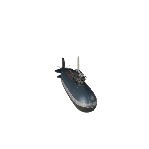 3D модель винтажной подводной лодки, вид из игры в три четверти, готовый для Unity актив с профилем прочного корпуса, силуэто