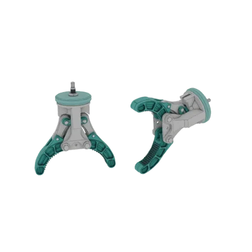 3D модель сочлененного роботизированного захвата с металлическими серыми компонентами и бирюзовыми пальцами, показанная в отк