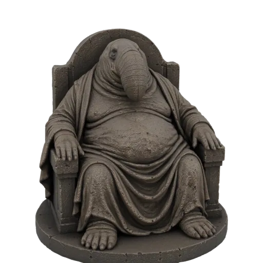 3D модель древнего существа с головой слона в одеждах, сидящего на каменном троне, на темном фоне.