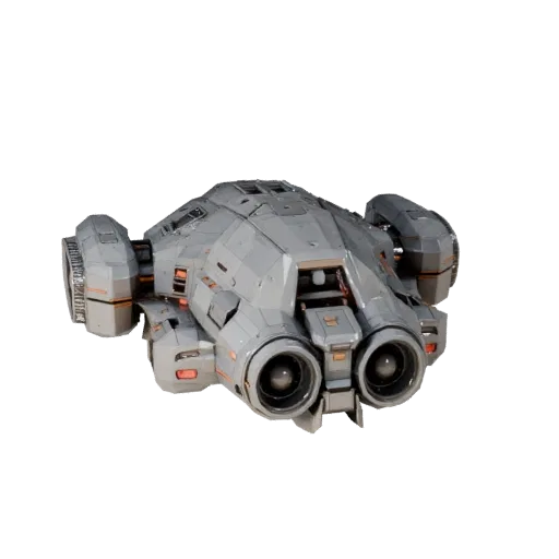 Низкополигональная 3D-модель грузового космического корабля, вид из игрового окна в три четверти, низкополигональный актив тр