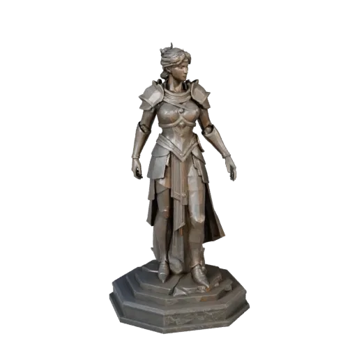 Предварительный просмотр низкополигональной 3D-модели фэнтезийной статуи, показывающий силуэт, вид с трех четвертей, пьедеста