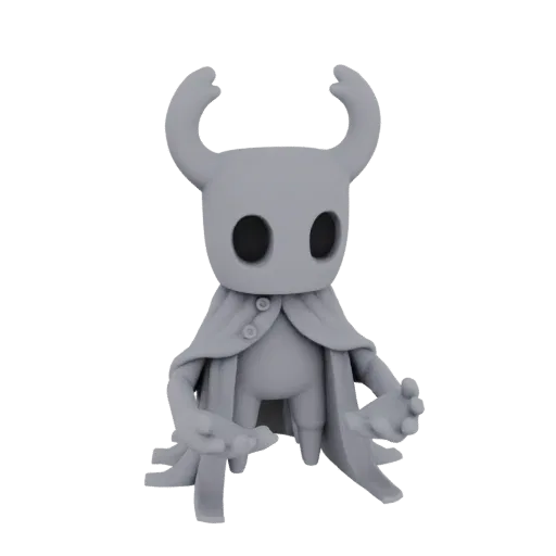 3D модель Рыцаря из Hollow Knight, маленькая фигурка в плаще с шлемом-рогами и большими темными глазами, стоящая с вытянутыми