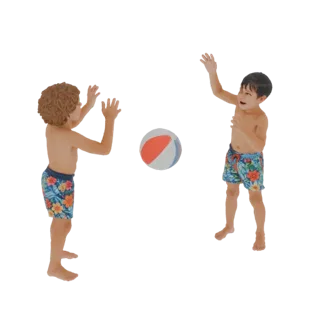3D модель двух мальчиков в плавках, играющих с пляжным мячом, с поднятыми руками.