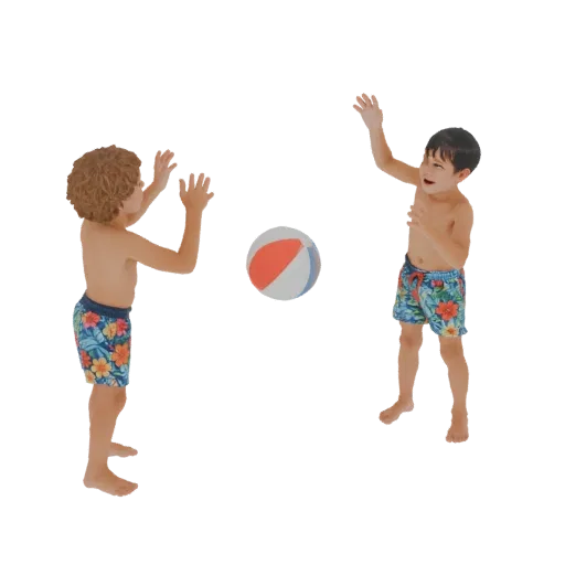 3D модель двух мальчиков в плавках, играющих с пляжным мячом, с поднятыми руками.