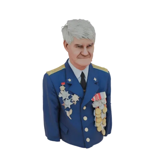 Рендер 3D модели бюста советского военачальника с седыми волосами, в синей форме, украшенной наградами и золотыми эполетами.