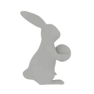 3D-модель минималистичной фигурки серого кролика, держащего мяч, на белом фоне.