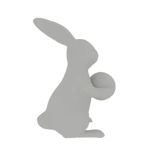 3D-модель минималистичной фигурки серого кролика, держащего мяч, на белом фоне.