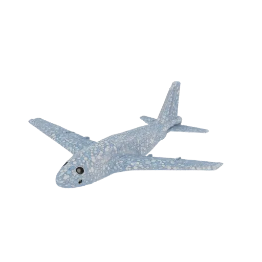 3D модель самолета с текстурой, имитирующей гальку, на белом фоне