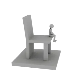 3D-рендер монолитного серого кресла в стиле брутализм на квадратной платформе с крошечной стилизованной белой человеческой фи