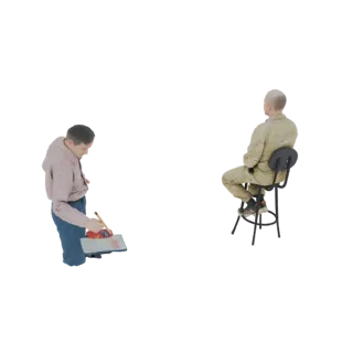 3D-модель художника, рисующего сидящую фигуру, с кистью и палитрой в руках, и фигурой, сидящей на стуле.