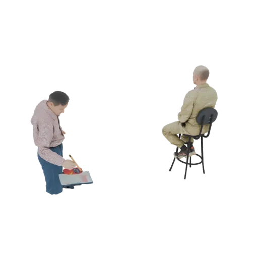 3D-модель художника, рисующего сидящую фигуру, с кистью и палитрой в руках, и фигурой, сидящей на стуле.