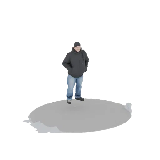 3D модель мужчины в темном худи и синих джинсах, стоящего на круглой подставке.