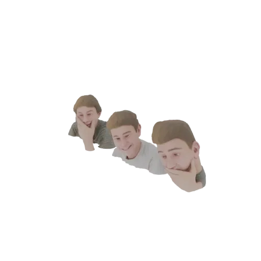 3D модель трех молодых людей, наклонившихся друг к другу и смеющихся, запечатленных в момент общего веселья.
