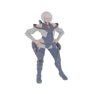 3D model of a cyberpunk female warrior in a futuristic combat suit, standing with hands on hips.