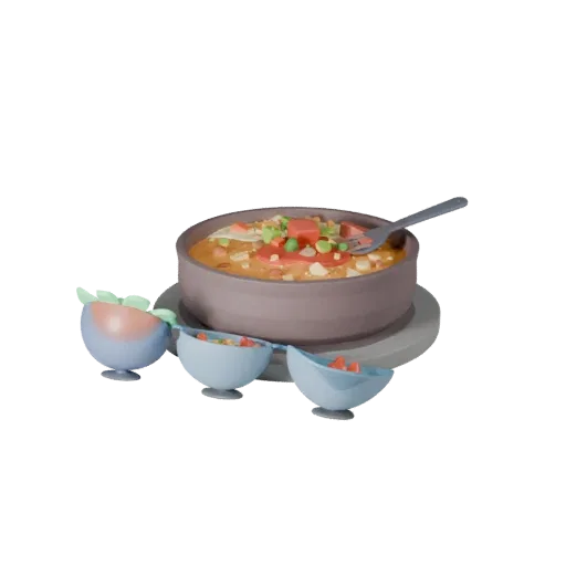 Стилизованная 3D-модель миски супа, стилизованный изометрический рендер, показывающий соусы, композиция с тарелкой.