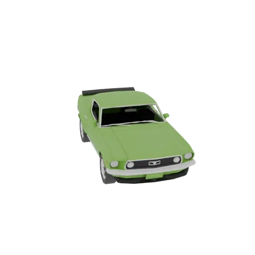 Зеленая low-poly 3D модель Ford Mustang GT Fastback 1969, вид спереди под углом, на белом фоне.