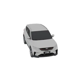 3D модель белого Geely Coolray X50 SUV, вид спереди справа под небольшим углом.