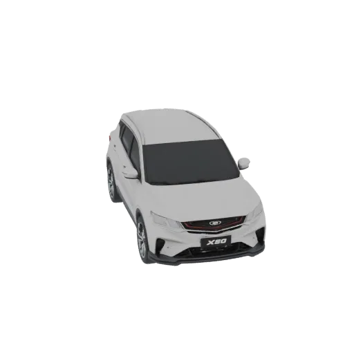 3D модель белого Geely Coolray X50 SUV, вид спереди справа под небольшим углом.