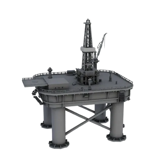 3D-модель стационарной морской нефтяной платформы, серая, на белом фоне, вид сбоку