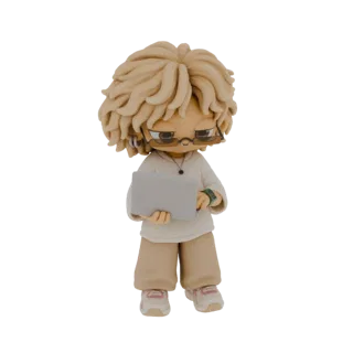 3D model of a chibi student with curly blonde hair and glasses, holding a laptop and looking down at it.