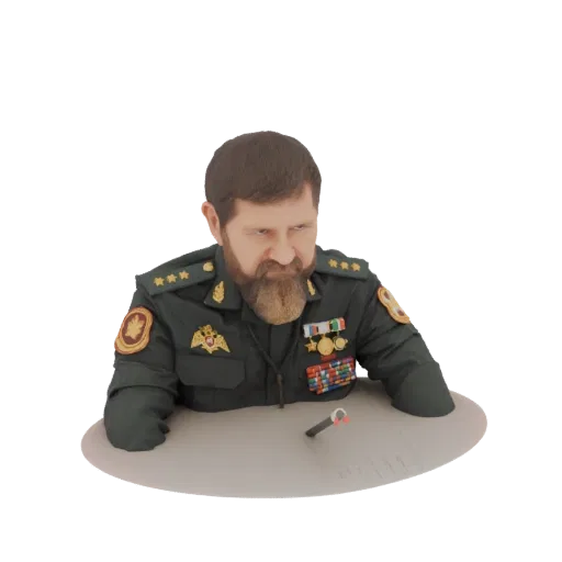 3D модель сурового военного командира в зеленой форме с множеством орденов, сидящего за столом.