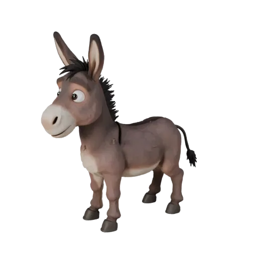 Мультяшная 3D-модель осла, рендер дикой природы сбоку, стилизованный ассет животного с детализацией гривы, формой ноздрей, пр
