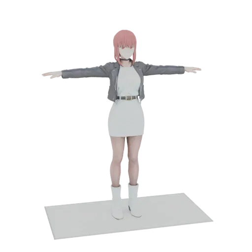 3D модель аниме девушки с розовыми волосами, в белом платье, черной куртке и белых ботинках, в T-позе.