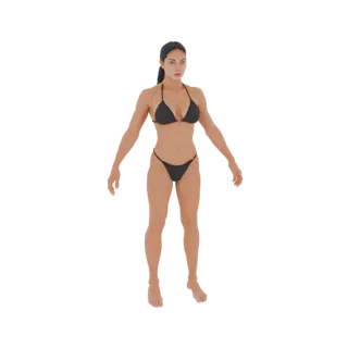 3D модель атлетичной женщины с темными волосами, в черном бикини, стоящей с руками, слегка отведенными от тела.