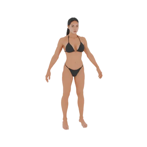 3D модель атлетичной женщины с темными волосами, в черном бикини, стоящей с руками, слегка отведенными от тела.
