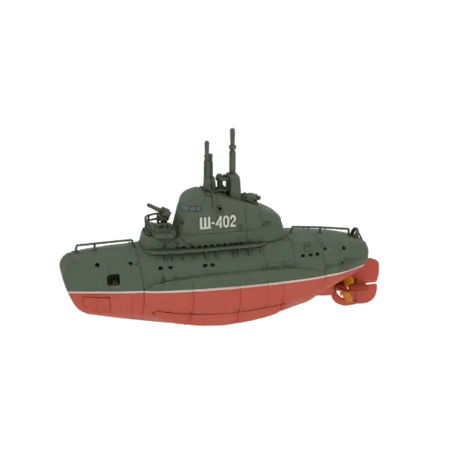 3D модель советской подводной лодки Щ-402 с зеленым корпусом, красной нижней частью и видимыми обозначениями.