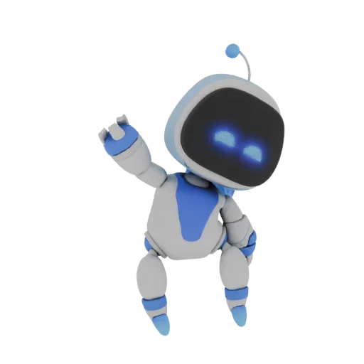 3D модель Астро Бота, маленький бело-синий робот со светящимися синими глазами, радостно машущий на белом фоне.