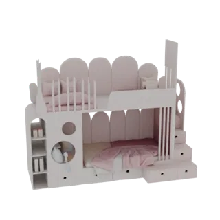 3D модель розовой двухъярусной кровати с белыми бортиками, лестницей с ящиками и волнистыми изголовьями на черном фоне.