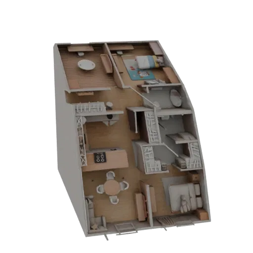 3D модель интерьера уютной современной квартиры, показывающая гостиную, кухню, столовую и спальню с современной мебелью и дер