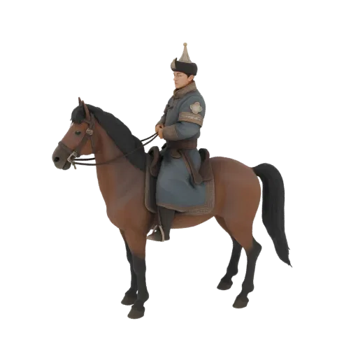 3D модель монгольского лучника в традиционном костюме, сидящего на коричневом коне, вид сбоку