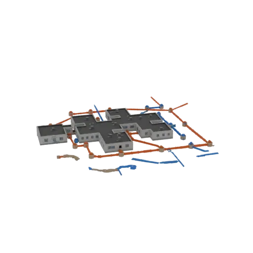 3D модель современного крестообразного здания со сложной сетью оранжевых и синих труб, видимых вокруг и под ним.